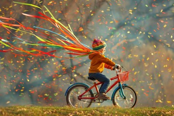 A young boy joyfully rides a bicycle adorned with colorful streamers flying in the air, A child riding a bike with streamers flying in the wind