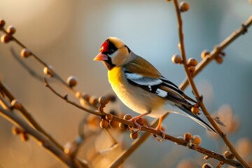 Wild Goldfinch perched on a branch, goldfinch bird, Carduelis carduelis, perched eating seeds  during Winter season, Ai generated
