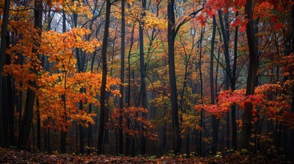 Obraz premium A stunning display of bright autumnal colors in a lush forest, beautifully illuminated by natural sunlight