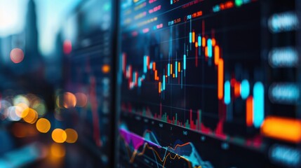 Financial trading screens show dynamic and volatile stock market data with vivid colors and depth effects
