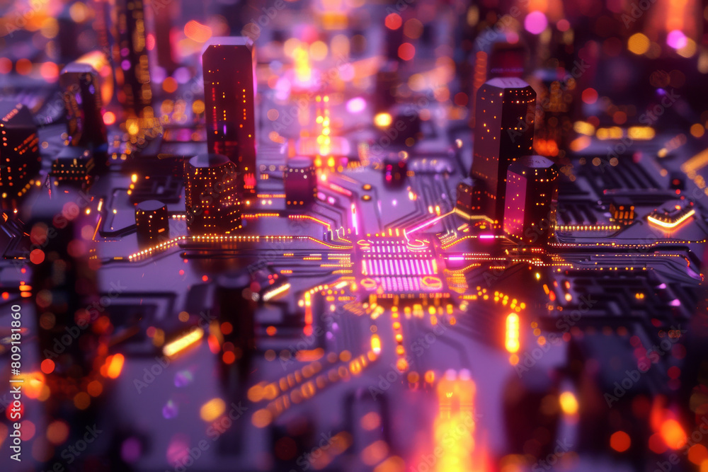 Poster a computer circuit board with a city in the background
