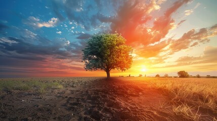 A single tree stands in a field, half of its leaves are green and the other half are orange.