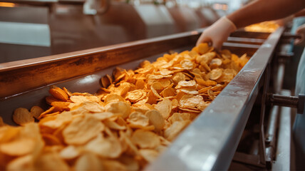 The production of chips at the factory, food production business, delicious chips
