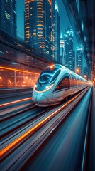 Fototapeta premium A sleek and futuristic train speeds through a modern city at night, leaving a trail of light behind it.