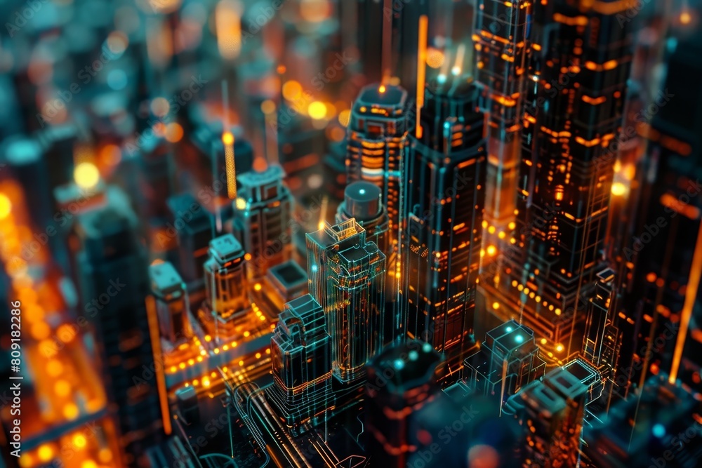 Poster a cityscape of towering skyscrapers with vibrant lights under the control of a centralized ai system