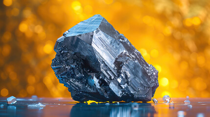 Studio macro very close-up shot, product photography, Rhodium precious metal rock. Isolated against yellow background. Bright, studio lighting. Very modern, contemporary, current style