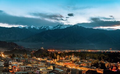 Leh City during blue hour under the Himalaya in Ladakh region of India