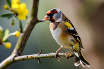 Naklejka premium Wild Goldfinch perched on a branch, goldfinch bird, Carduelis carduelis, perched eating seeds during Winter season, Ai generated