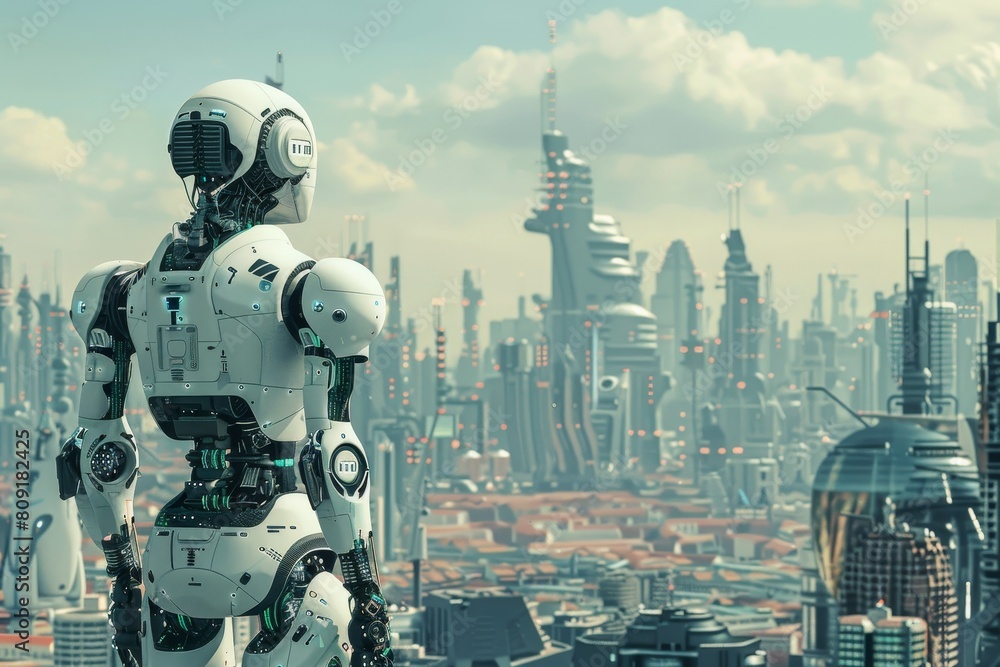 Poster a robot stands tall in front of a modern cityscape dominated by advanced technology and automation, 