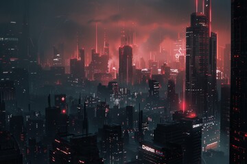 Fototapeta premium A cityscape dominated by towering skyscrapers illuminated with red lights, showcasing a futuristic urban environment, A cityscape controlled by a totalitarian regime using advanced tech