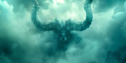 Divine retribution: Gods wrathful horns loom in the sky ready to judge humanity. Concept Apocalyptic Fantasy, Mythical Creatures, Divine Punishment, Moral Dilemma, Ethereal Art - obrazy, fototapety, plakaty