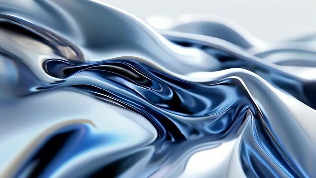 Liquid abstract Silver metall. Fluid blue silver , animated background with ripples and waves . Silver luxury liquid mirror in motion.