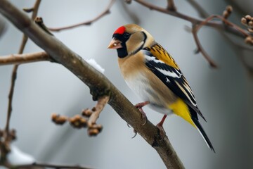 Obraz premium Wild Goldfinch perched on a branch, goldfinch bird, Carduelis carduelis, perched eating seeds during Winter season, Ai generated