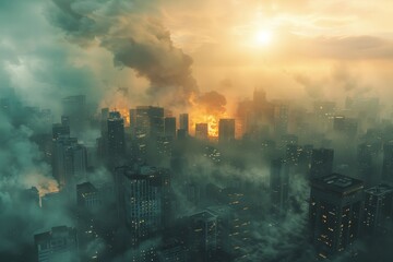 Fototapeta premium A large city releasing thick clouds of smoke into the air, A cityscape engulfed in a nanotech plague