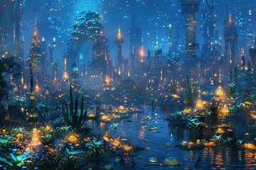 A painting of a futuristic city illuminated by bioluminescent plants at night, A cityscape filled with bioluminescent plants and animals