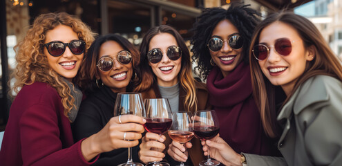 Celebrating with Wine Cheers. A diverse group of women raising their wine glasses in a celebratory toast at a trendy cafe. Diversity & Celebration concept