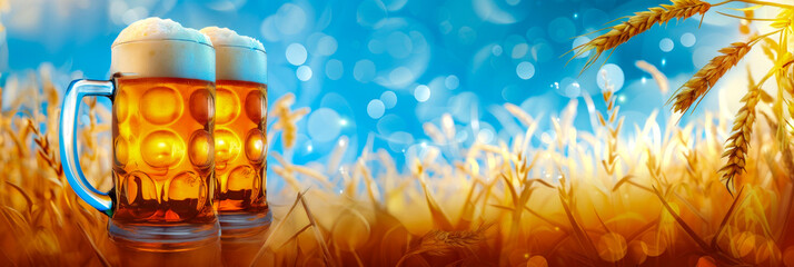 Two glasses of beer in a wheat field, Oktoberfest, banner background with space for text