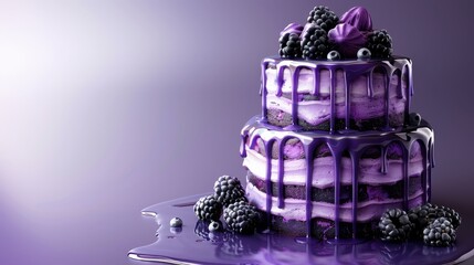   A three-tiered cake topped with purple icing and blackberries is drizzled with more purple icing