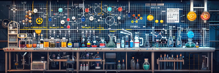 Chemist's Lab Wall: Covered in periodic tables, chemical structure diagrams, and safety guidelines