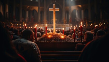 Individuals gathered in front of a large wooden cross with candles surrounding it during a church service