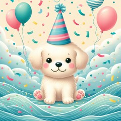 Cute Puppy Birthday Celebration with Balloons and Confetti