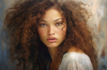 Fototapeta premium Captivating close-up of a young woman with voluminous curly locks and a serene expression