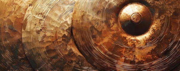 Close-up of a highly textured cymbal with rustic patina and scratches. Music instrument detail concept