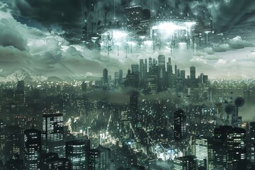 A large city with numerous towering skyscrapers dominating the skyline, A cityscape threatened by a rogue AI seeking to conquer
