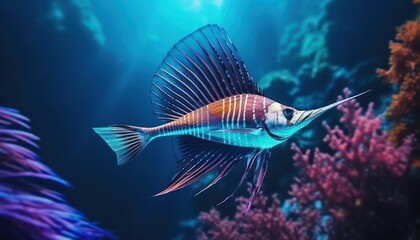 Ikan marlin besar di lautan biru, pemandangan hewan lautan yang memukau