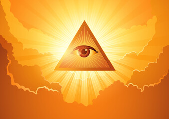 Vector illustration of the Eye of Providence set against a dramatic cloudscape illuminated by sunlight. Symbolizing divine wisdom and enlightenment, mystique, spiritual themed, and mystical symbolism