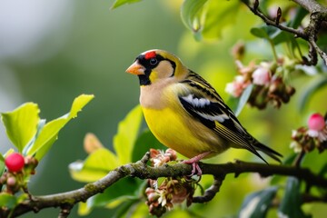 Wild Goldfinch perched on a branch, goldfinch bird, Carduelis carduelis, perched eating seeds ...