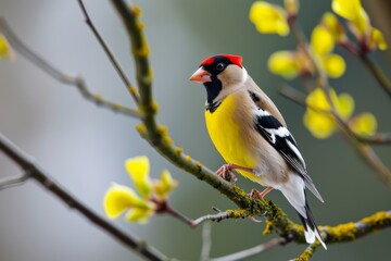 Wild Goldfinch perched on a branch, goldfinch bird, Carduelis carduelis, perched eating seeds  during Winter season, Ai generated