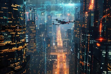An airplane with navigation lights flies over a city at night, illuminating the urban landscape below, A cityscape under constant surveillance by drones and AI