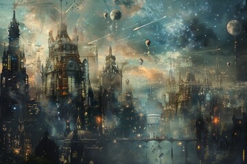 Painting depicting a city at night with numerous stars shining in the sky, A cityscape where dreams are manifested into reality