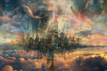 A painting of a city rising above a sea of clouds, with buildings and streets visible in the sky, A cityscape where dreams are manifested into reality