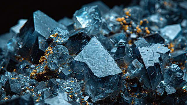 Studio macro very close-up shot, product photography, Ruthenium precious metal rocks. Isolated against dark background. Bright, studio lighting. Very modern, contemporary, current style