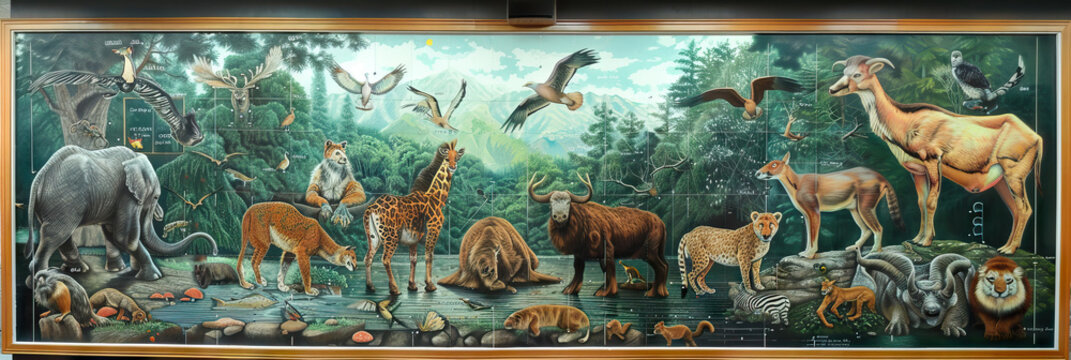 Zoologist's Wall: Featuring animal classification charts, wildlife photographs, and a whiteboard with animal behavior observations
