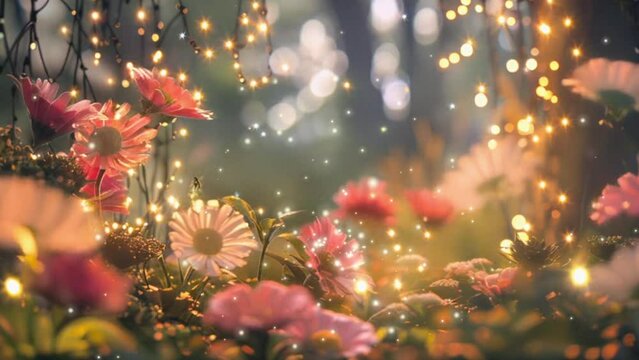 The magical secret garden with flowers and fairy lights fireflies.