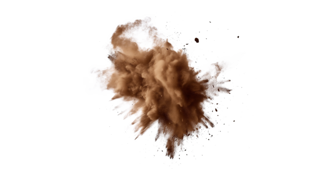 Abstract deep brown dust explosion isolated on a transparent background