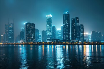 Fototapeta premium The city skyline is aglow with lights from the lit-up office buildings, creating a striking scene against the night sky, A city skyline at night, with office buildings lit up like beacons