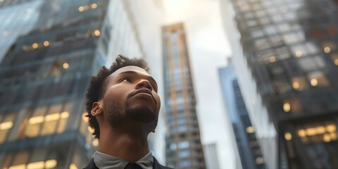 Contemplative biracial man in urban setting looking up at skyscrapers: A closeup portrait. Concept Urban Lifestyle, Cityscape Background, Diversity and Inclusion, Close-up Portrait