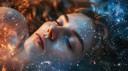 The close up picture of the caucasian female human that laying down for sleeping on the sea of the galaxy space that act like pillow that look fluffy and soft at the bright sky of a universe. AIGX03.
