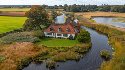Fototapeta premium A house is on a river bank with a lot of grass and weeds