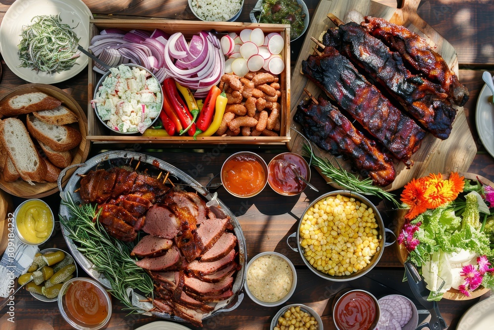 Aufkleber a table displaying a wide array of different types of food, including bbq spread with various fixing