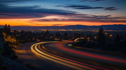 Fototapeta premium The stunning image captures a twilight scene of a busy highway stretching into the sparkling cityscape