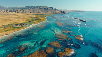 A beautiful blue ocean with a sandy beach and rocky shoreline