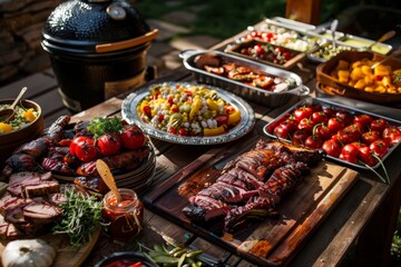 A table loaded with diverse food items representing a classic BBQ spread, A classic BBQ spread with all the fixings