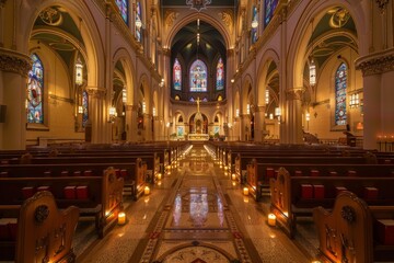 Fototapeta premium A large cathedral featuring intricate stained glass windows and rows of wooden pews, A classic cathedral with ornate stained glass windows and candlelit aisles