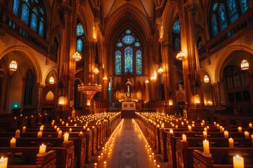 Fototapeta premium A traditional cathedral with rows of burning candles placed in front of it, A classic cathedral with ornate stained glass windows and candlelit aisles