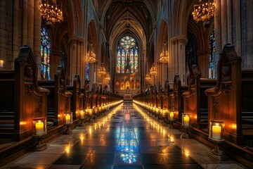 Fototapeta premium A large cathedral featuring a row of long pews, with ornate stained glass windows in the background, A classic cathedral with ornate stained glass windows and candlelit aisles